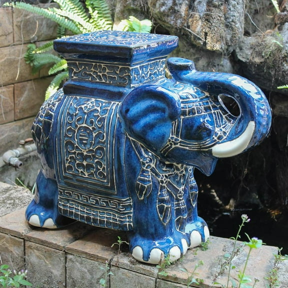 International Caravan Elephant Stool - Porcelain Decorative Accent Furniture for Living Room-Color:Dark Blue