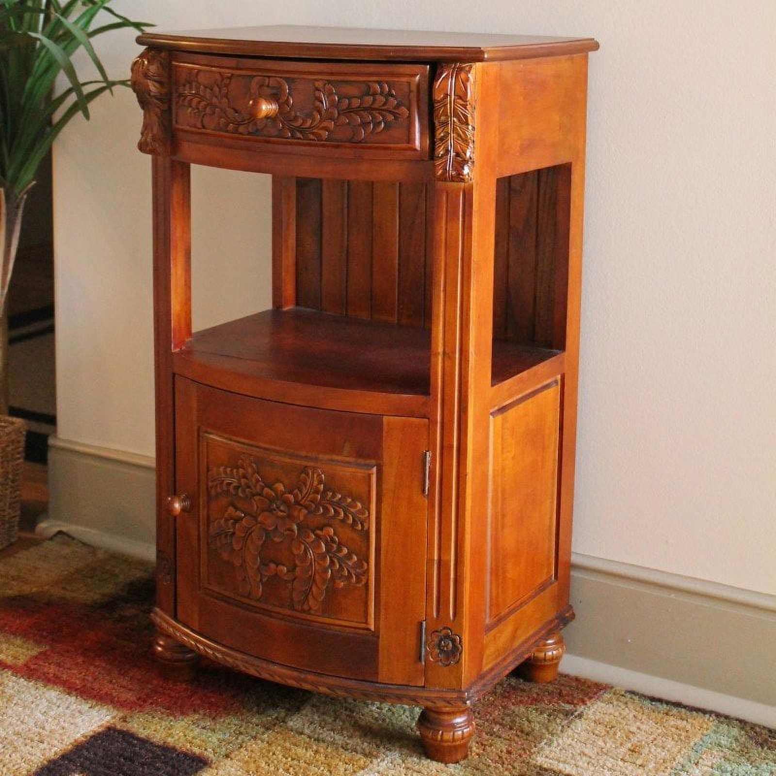 International Caravan Carved Wood Telephone Stand with One Door and One Drawer in Brown Stain