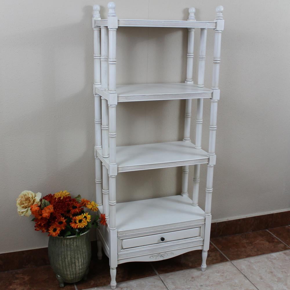 Elegant Antique White Hand-Carved Hardwood 5-Tier Bookshelf