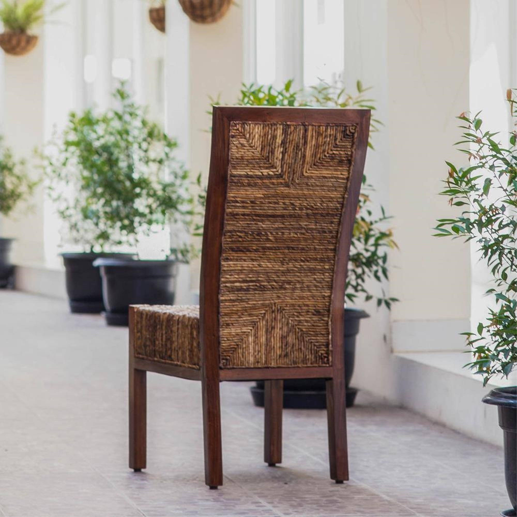 Elegant Mahogany Brown Upholstered Dining Side Chair with Hand-Woven Abaca