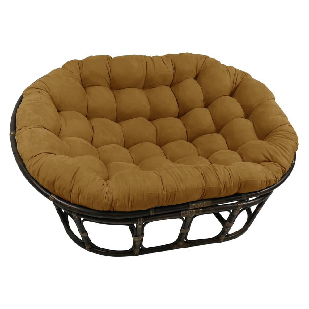 Bohemian Rattan Double Papasan Chair with Plush Camel Microsuede Cushion