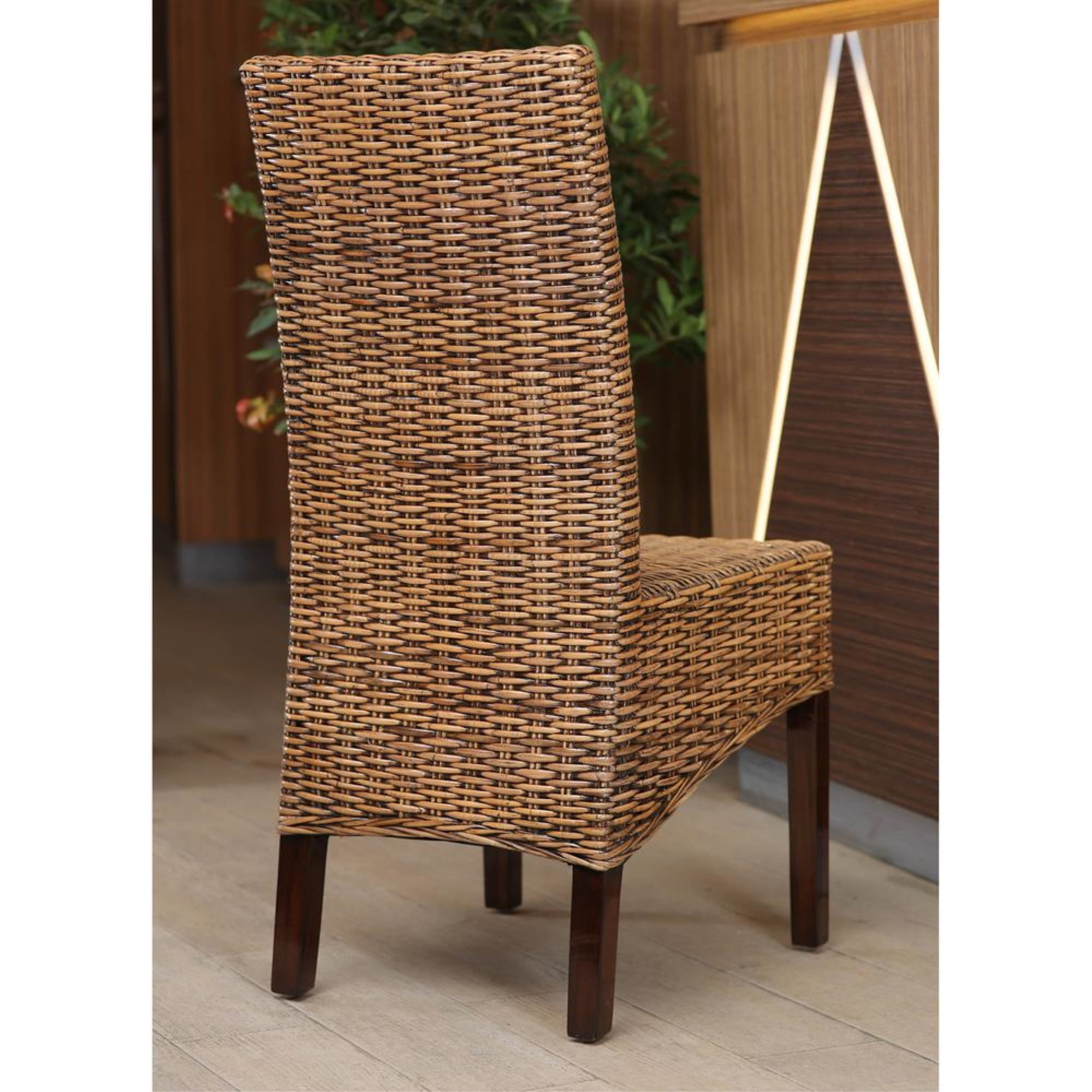 Elegant Exotic Java Rattan and Mahogany High Side Chair