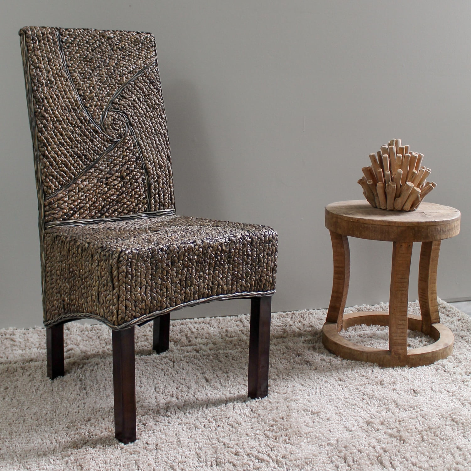High Back Brown Upholstered Wood Side Chair
