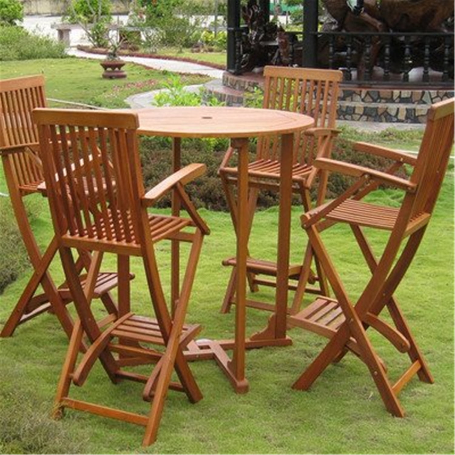 Yellow Balau Wood 5-Piece Bar Height Outdoor Dining Set