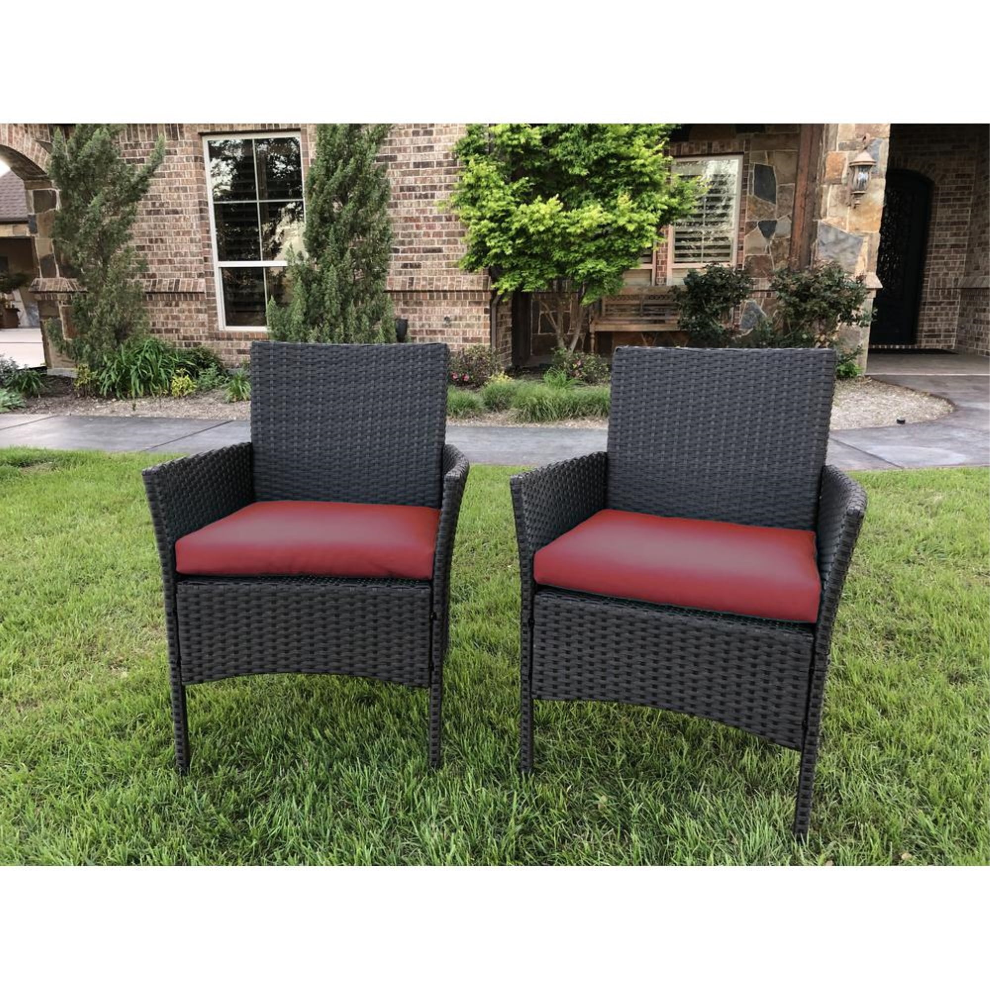 Contemporary Patio Armchair Set with Cushions in Resin Wicker and Steel