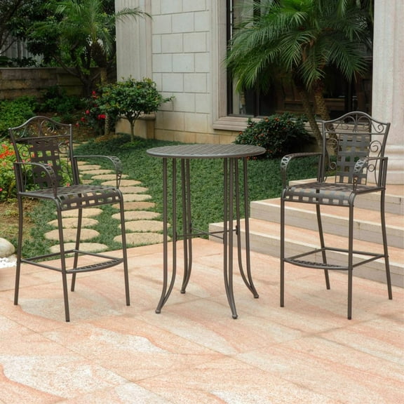 International Caravan Mandalay Iron 3-Piece Bar Height Outdoor Bistro Set, Brown