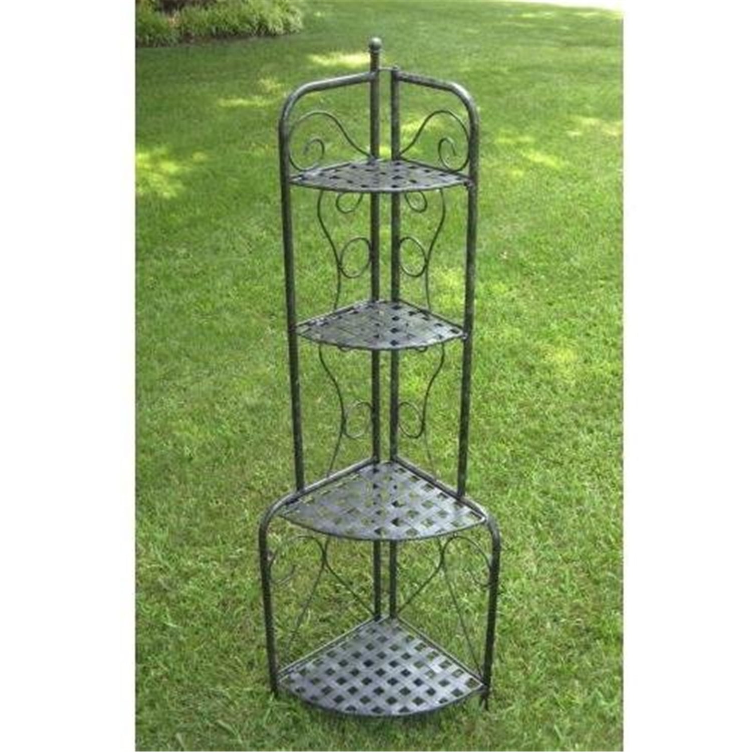 Antique Black Iron Folding Corner Baker's Rack with Scrollwork