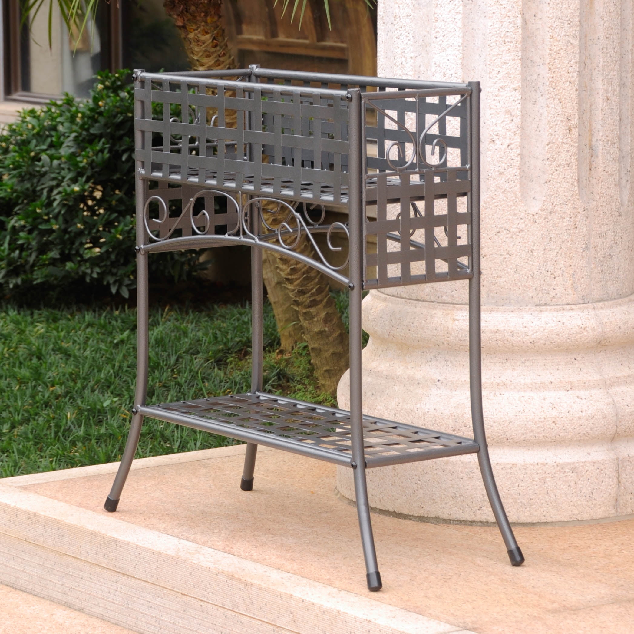 Hammered Pewter Iron Rectangular Plant Stand with Elegant Curves