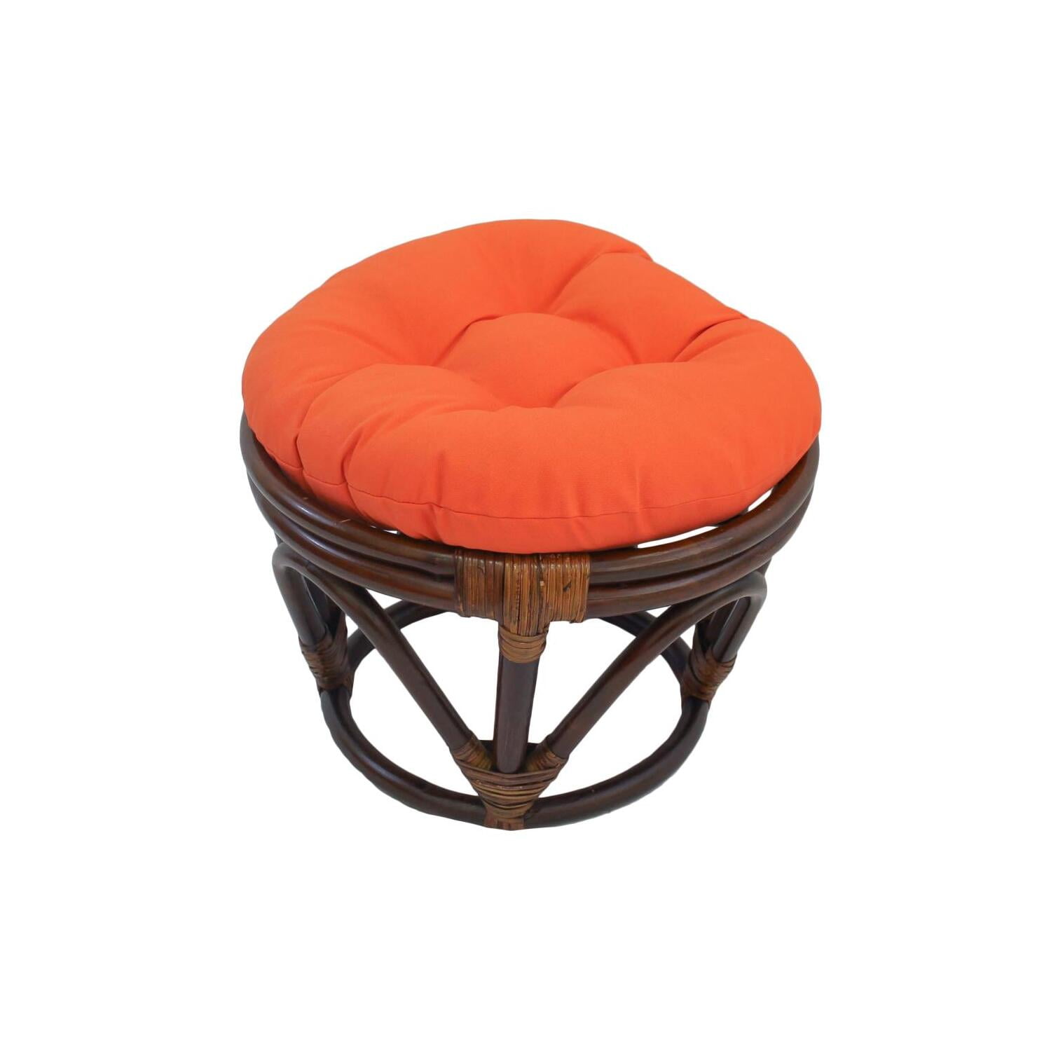 Round Tufted Rattan Footstool with Orange Cushion
