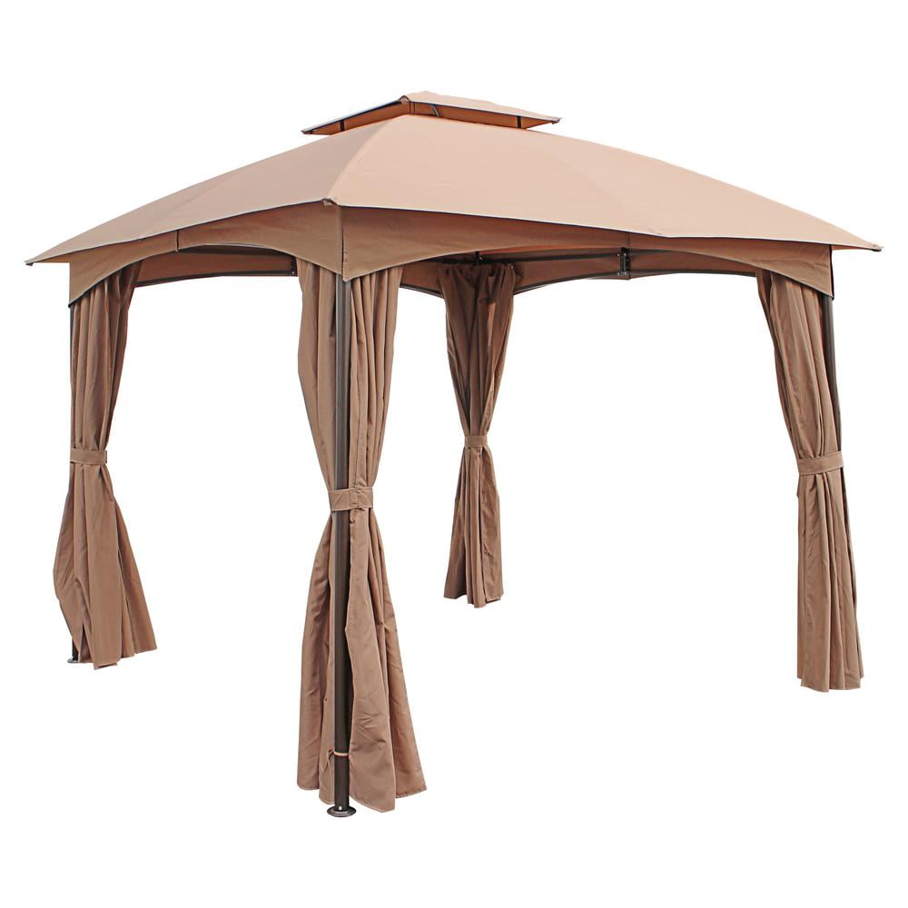 Khaki 10 Ft Steel Dome-Top Patio Gazebo with Curtains