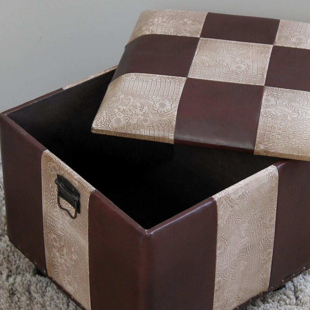 Beige and Brown Faux Leather Storage Ottoman with Lid