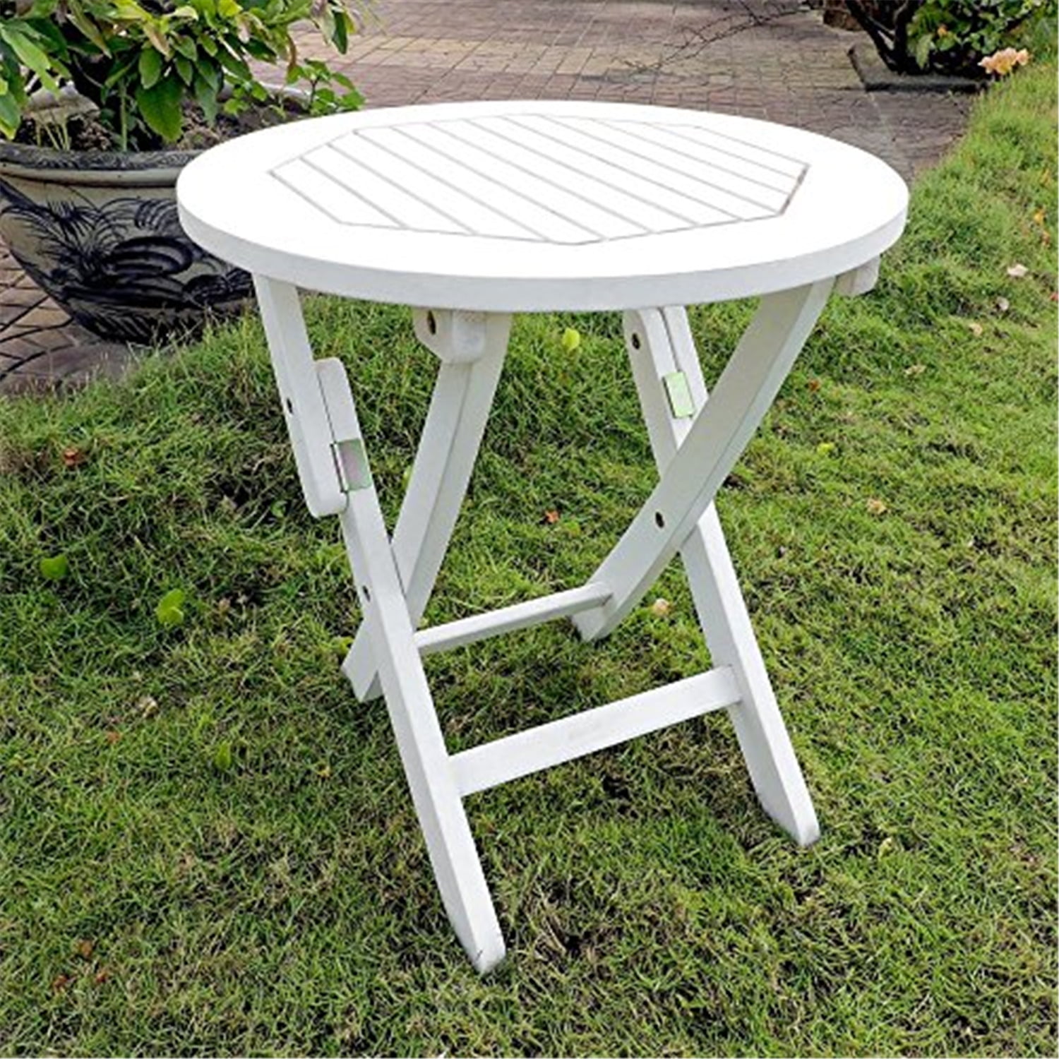 White Wash Acacia Wood Round Folding Side Table