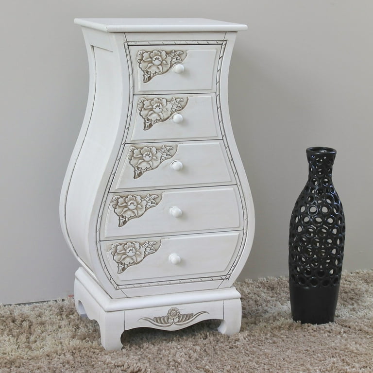 International Caravan Windsor Antique White Hand Carved 5 Drawer Bombay Chest