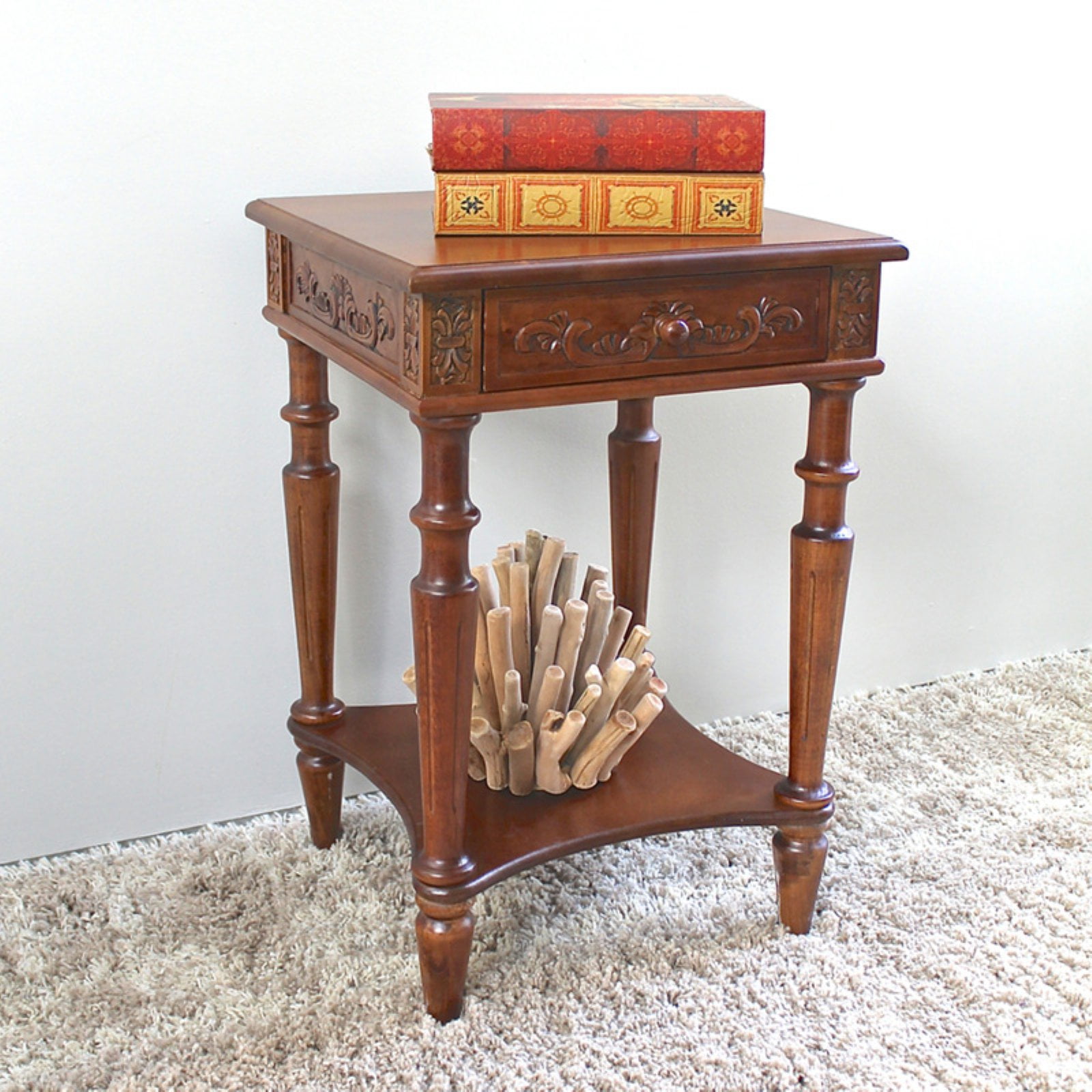 Hand-Carved Spindle Leg Walnut Square End Table with Storage