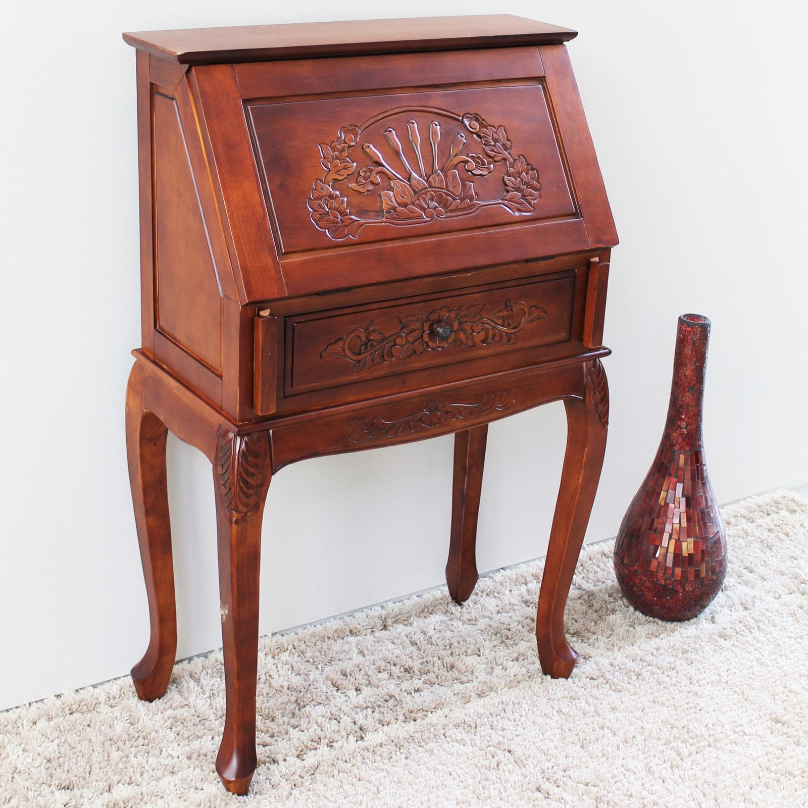 International CaravanInternational Caravan Small Carved Secretary Desk with Fold Out Front Color Brown Stain Material Wood