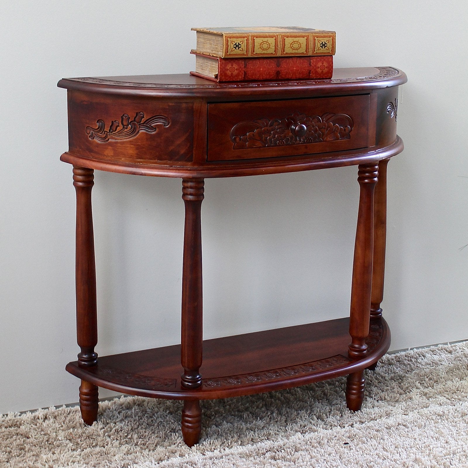 International Caravan Carved Wood Half Moon Table International Caravan Carved Wood Half Moon Table