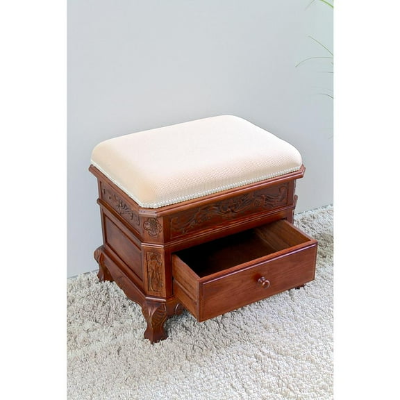 Windsor Carved Wood Upholstered Vanity Stool - Walnut