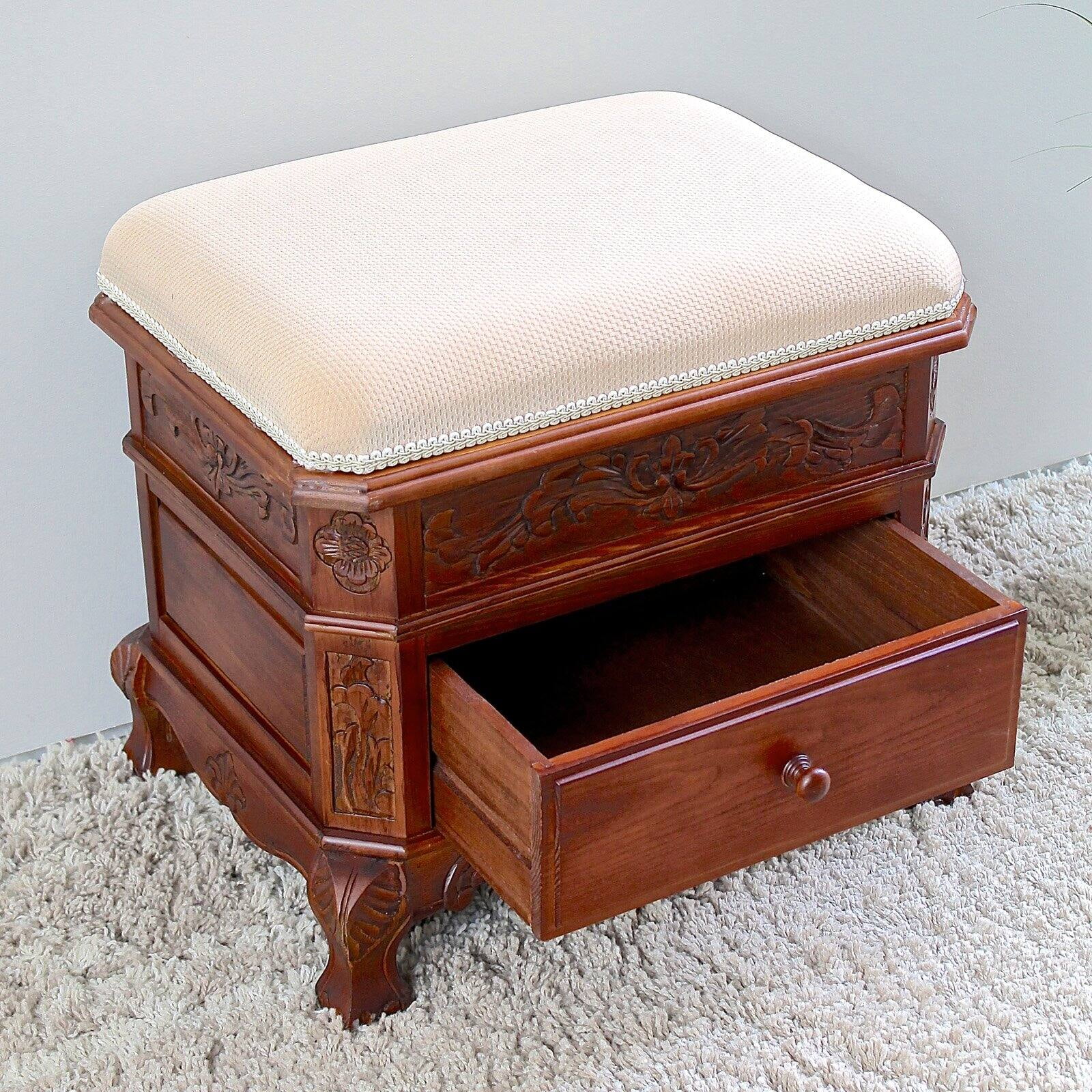 International Caravan Upholstered Vanity Stool with One Drawer International Caravan Upholstered Vanity Stool with One Drawer