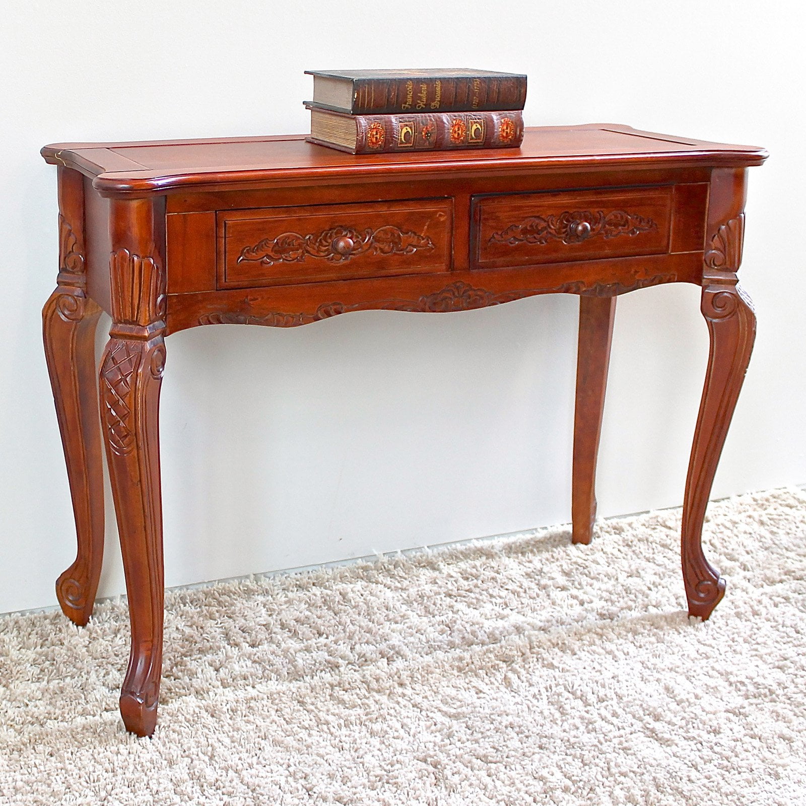 Hand Carved Walnut Finish Wood Console Table with Storage