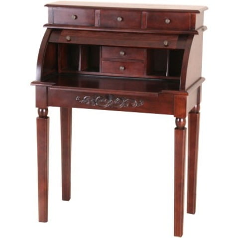 Elegant Carved Hardwood Roll-Top Writing Desk with Storage Drawers, Brown Stain