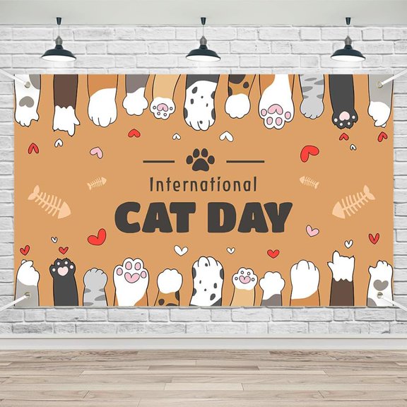 International Cat Day Banner 70.8x43.3in, Cute Paw Print Celebration Decor, Bright Colorful Feline-Themed Banner for Events and Parties