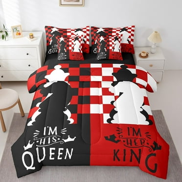 International Chess Bed In A Bag 7 Piece Red Black White Checkered Full Bedding Set With Sheets,Queen And King Comforter Set For Couple,His And Hers Valentine'S Day Gifts Bed Set