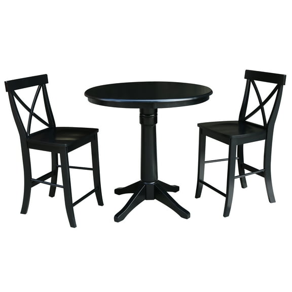 International Concepts 3-Piece Solid Wood Counter Height Dining Set with 36" Round Pedestal Table and 2 Cross-Back Stools, Black