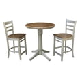 thumbnail image 1 of International Concepts 30"H Wood Round Pedestal Gathering Height Table with 2 Emily Counter Height Stools - Distressed Hickory/Stone - Set of 3 Pieces, 1 of 5