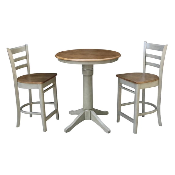 International Concepts 30"H Wood Round Pedestal Gathering Height Table with 2 Emily Counter Height Stools - Distressed Hickory/Stone - Set of 3 Pieces
