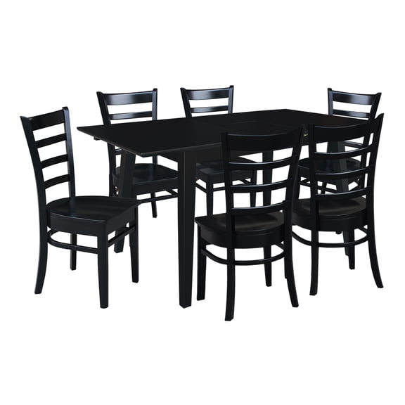 International Concepts Solid Wood 7-Piece Extension Dining Set, Sophisticated Black 60" Butterfly Leaf Table and 6 Matching Slat-Back Chairs