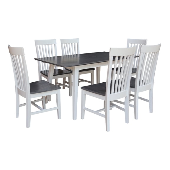 International Concepts Solid Wood 7-Piece Extension Dining Set, Heather Gray & White 60" Butterfly Leaf Table and 6 Matching Mission Chairs