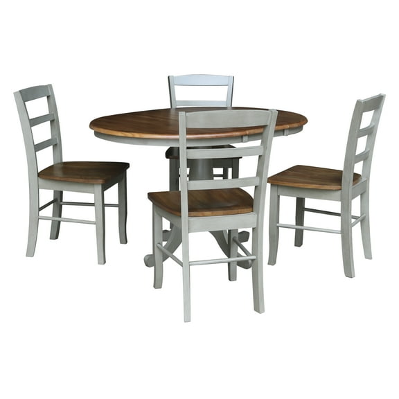 International Concepts 36" Round Solid Wood Extension Dining Table with 4 Madrid Ladder Back Chairs in Distressed Hickory/Stone