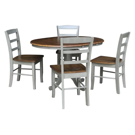 International Concepts 36" Round Solid Wood Extension Dining Table with 4 Madrid Ladder Back Chairs in Distressed Hickory/Stone