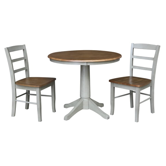 International Concepts 36" Round Solid Wood Pedestal Dining Table with 2 Madrid Ladder Back Chairs in Distressed Hickory/Stone