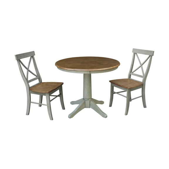 International Concepts 36" Round Solid Wood Pedestal Table With 2 Cross Back Chairs in Distressed Hickory/Stone