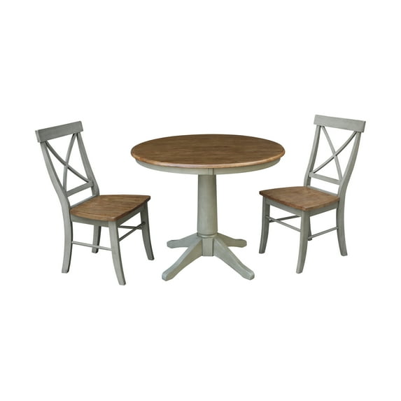 International Concepts 36" Round Solid Wood Pedestal Table With 2 Cross Back Chairs in Distressed Hickory/Stone