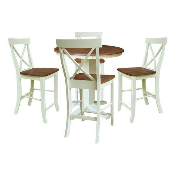 International Concepts 36" Solid Wood Round Top Pedestal Dining Table with 4 Counter Height Stools