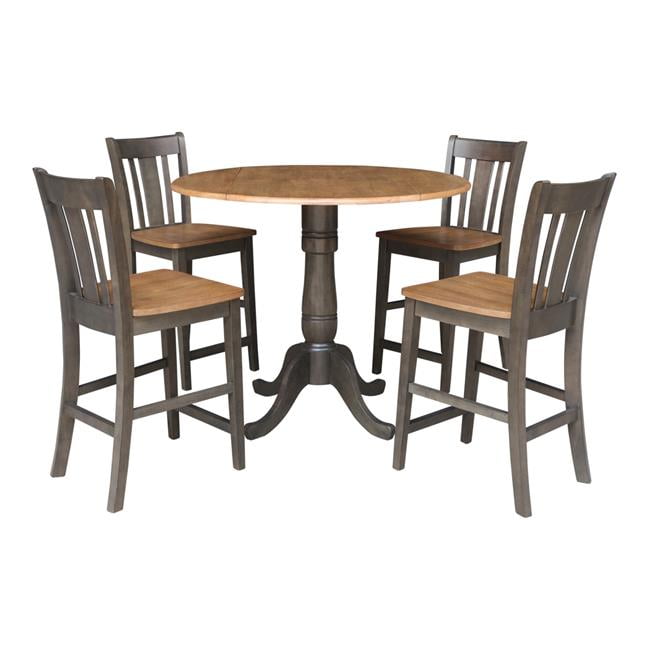 42 in Round Drop Leaf Counter Height Table with 4 Stools in Hickory/Washed Coal