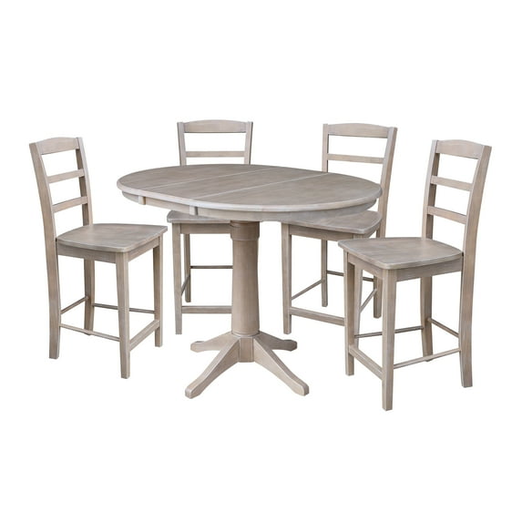 International Concepts 5-Piece Solid Wood Counter Height Dining Set with 36" Round Extension Table and 4 Ladder Back Stools, Washed Gray Taupe