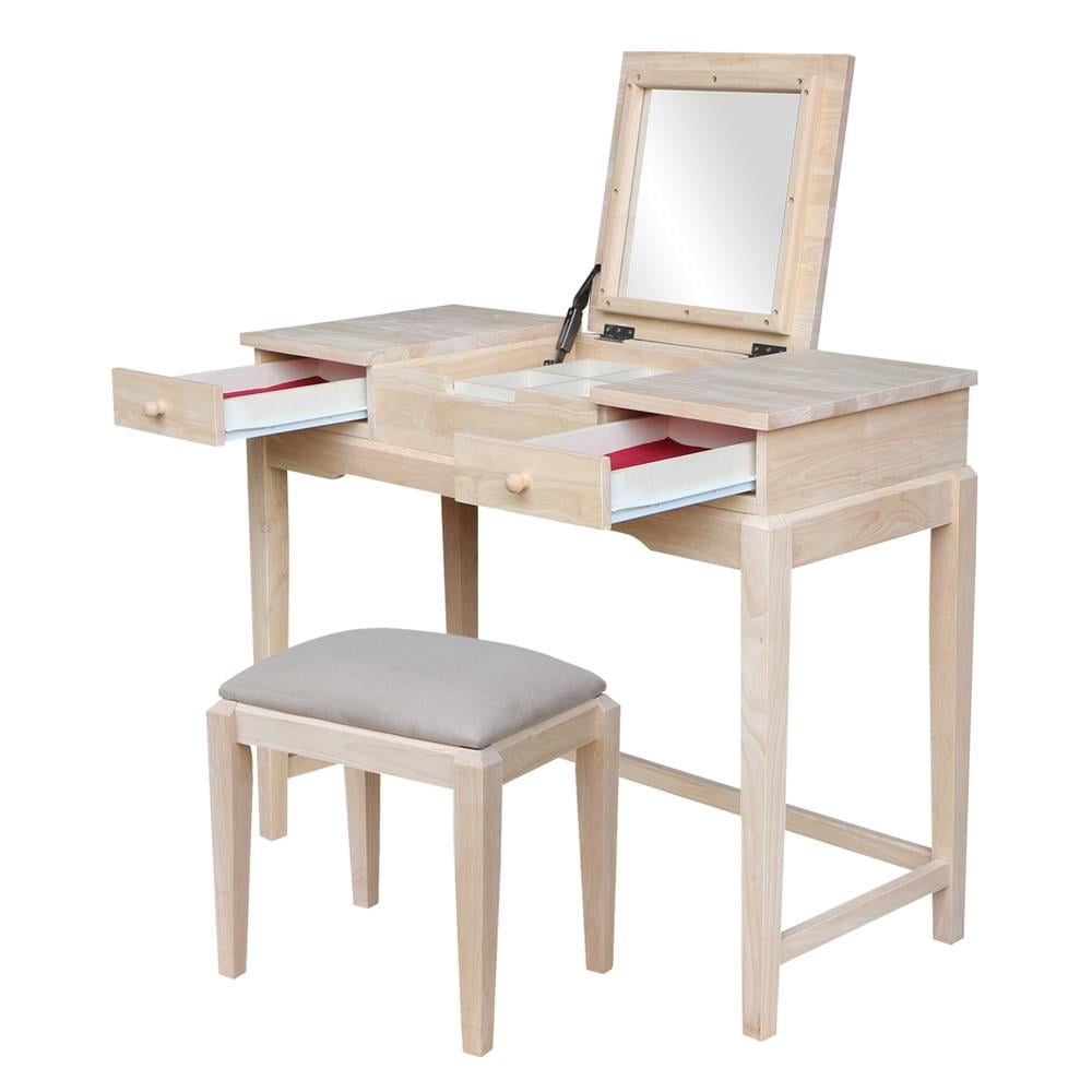 Elegant Unfinished Solid Wood Vanity Table with Microfiber Bench