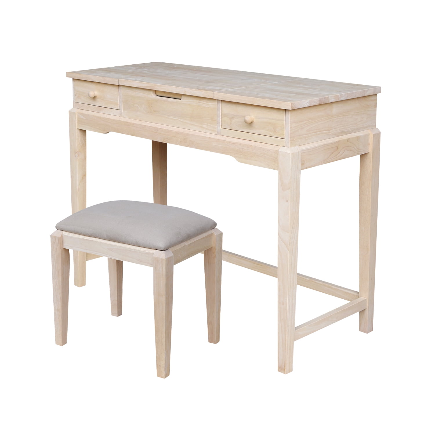 Elegant Unfinished Solid Wood Vanity Table with Microfiber Bench