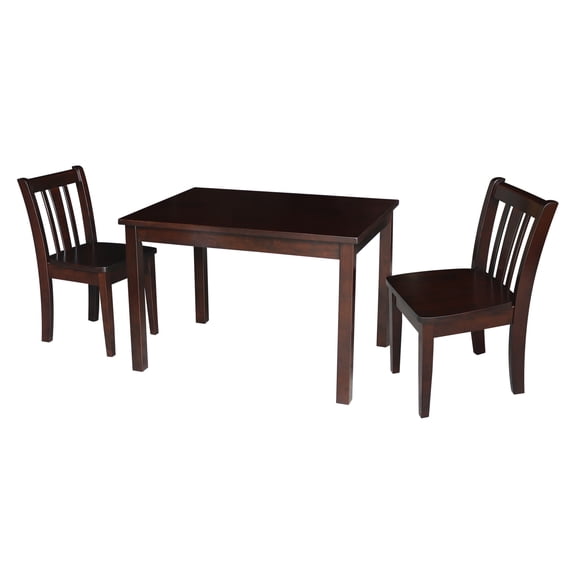 International Concepts Indoor Wood Kids 22.2"H Table with 2 Chairs in Rich Mocha - 3 Piece Set