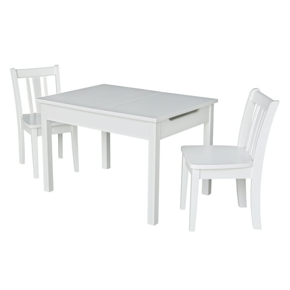International Concepts Indoor Wood Kids Lift Top Table and 2 Chairs in White - 3 Piece Set