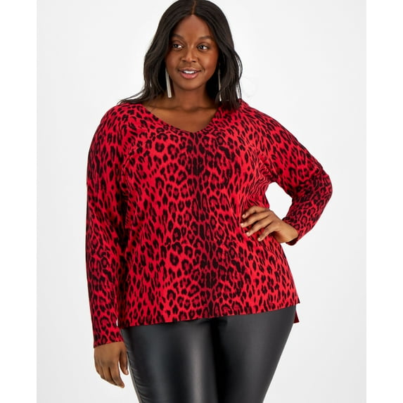 International Concepts Leopard Print V Neck Sweater Red Leopard 3X