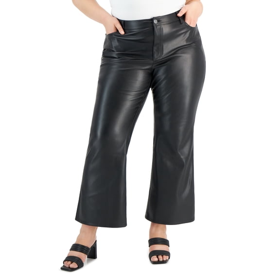 International Concepts Plus Size High Rise Faux Leather Flare Pants Deep Black 20W