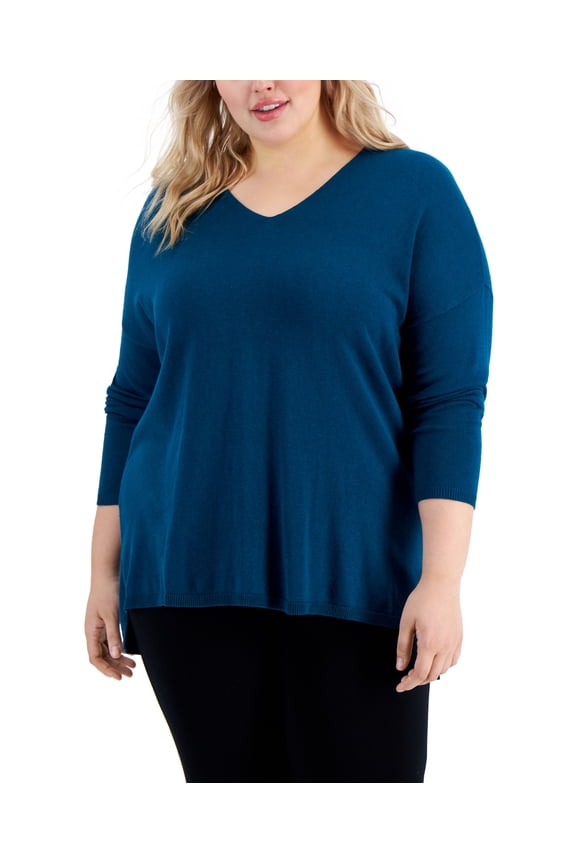 International Concepts Plus Size V Neck Sweater Teal Kingfisher 0X