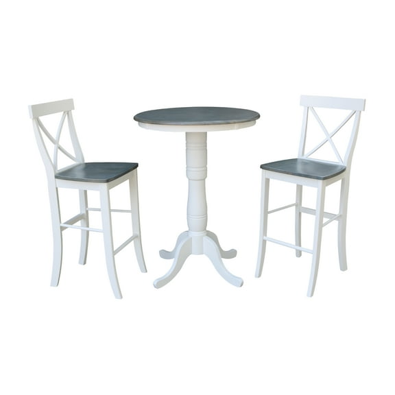 International Concepts Solid Wood 3-Piece Dining Set with 30 in. Round Pedestal Bar Height Table and 2 Cross Back Bar Height Stools in White/Heather Gray