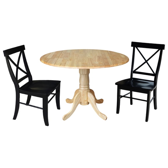 International Concepts Solid Wood 3-Piece Dining Set with 42 in. Dual Drop Leaf Table and 2 Cross Back Dining Chairs in Natural/Black