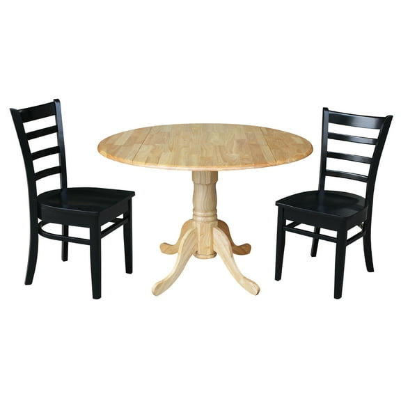 International Concepts Solid Wood 3-Piece Dining Set with 42 in. Dual Drop Leaf Table and 2 Ladder Back Dining Chairs in Natural/Black