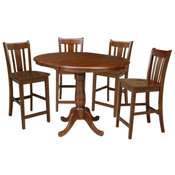 International Concepts Solid Wood 5-Piece Dining Set with 36 in. Round Counter Height Table with 12 in. Leaf and 4 San Remo Splat Back Stools in Espresso